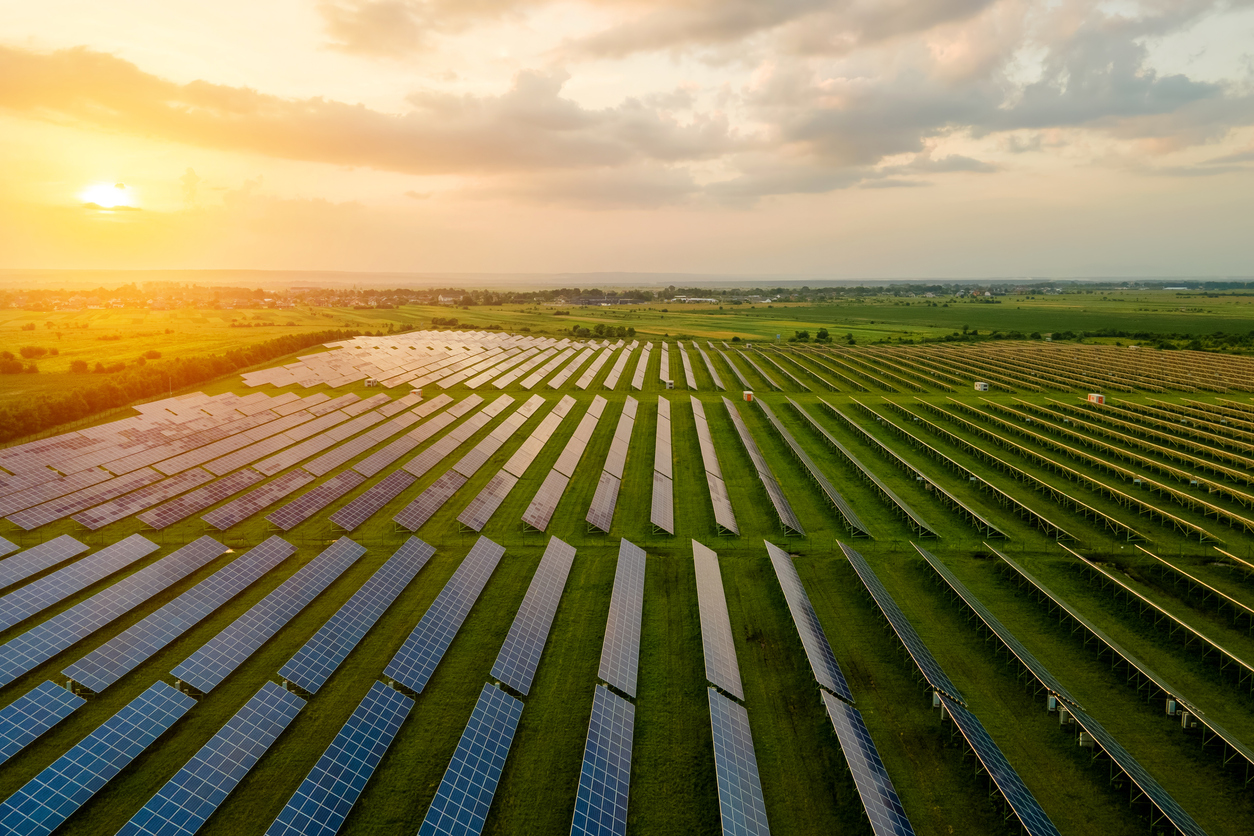 Eco-friendly. Aerial view of large solar power plant